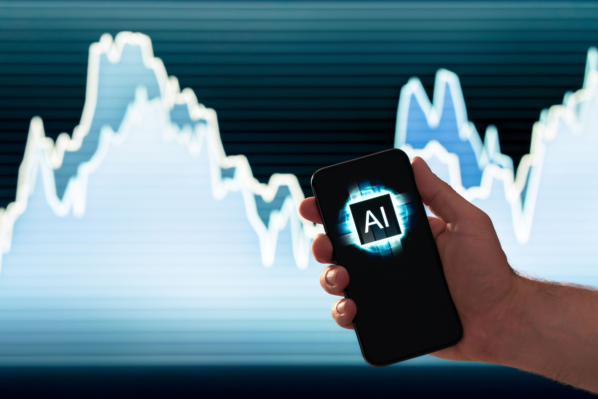 AI stock trade, crypto market or etf exchange in mobile phone. Robot technology in finance or forex. Financial growth and money profit with artificial ingelligence app in smartphone.