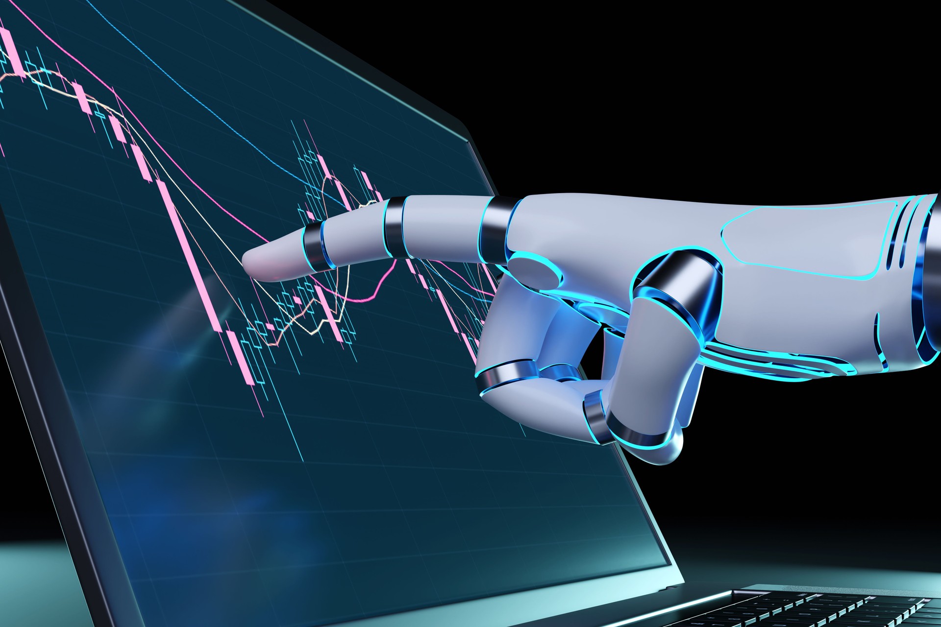 Robotic hand pointing at a candlestick chart of stock market. Illustration of the concept of stock portfolio picks by artificial intelligence