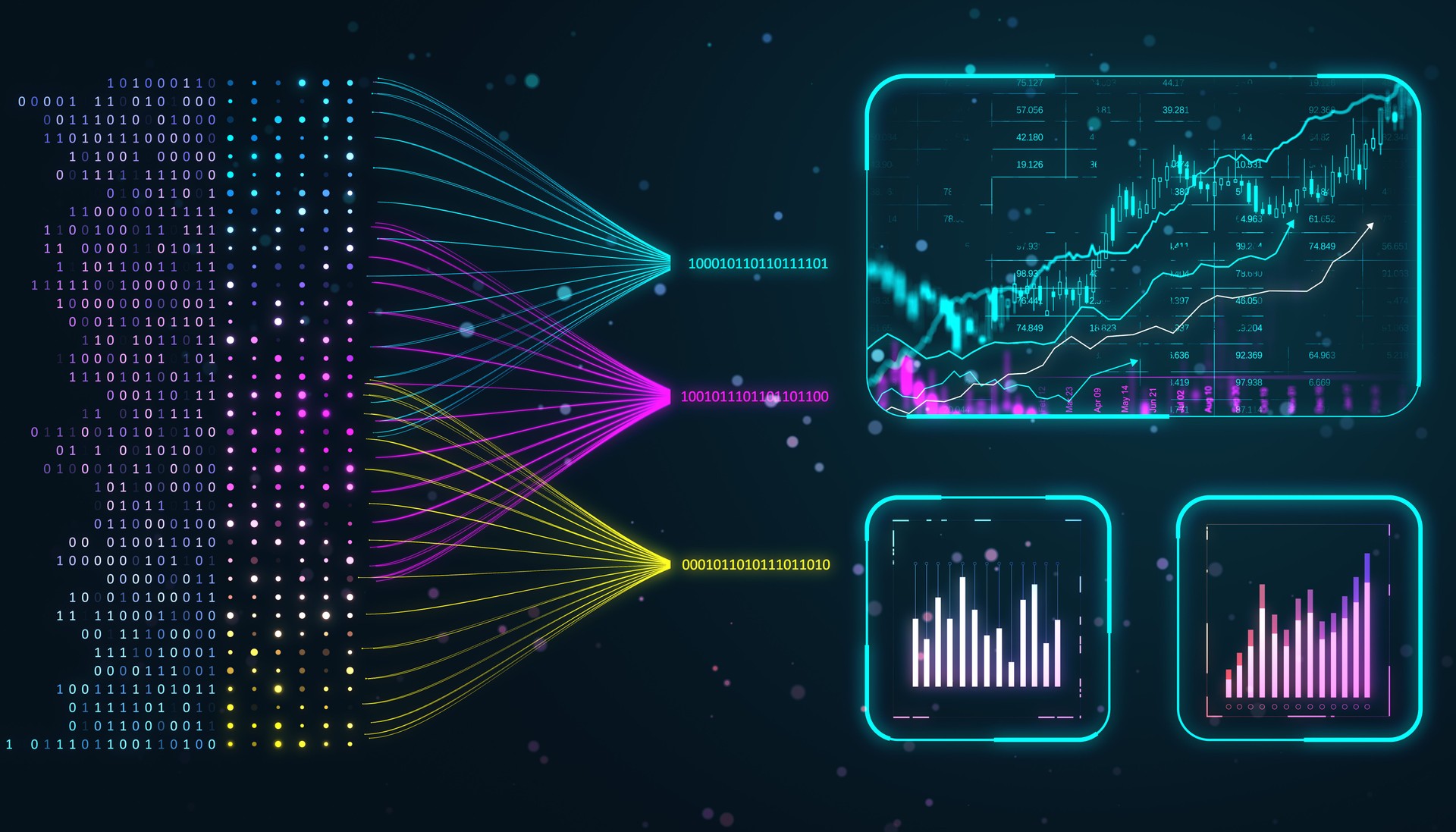 Digital financial data visualization with charts and graphs on a dark background. 3D Rendering