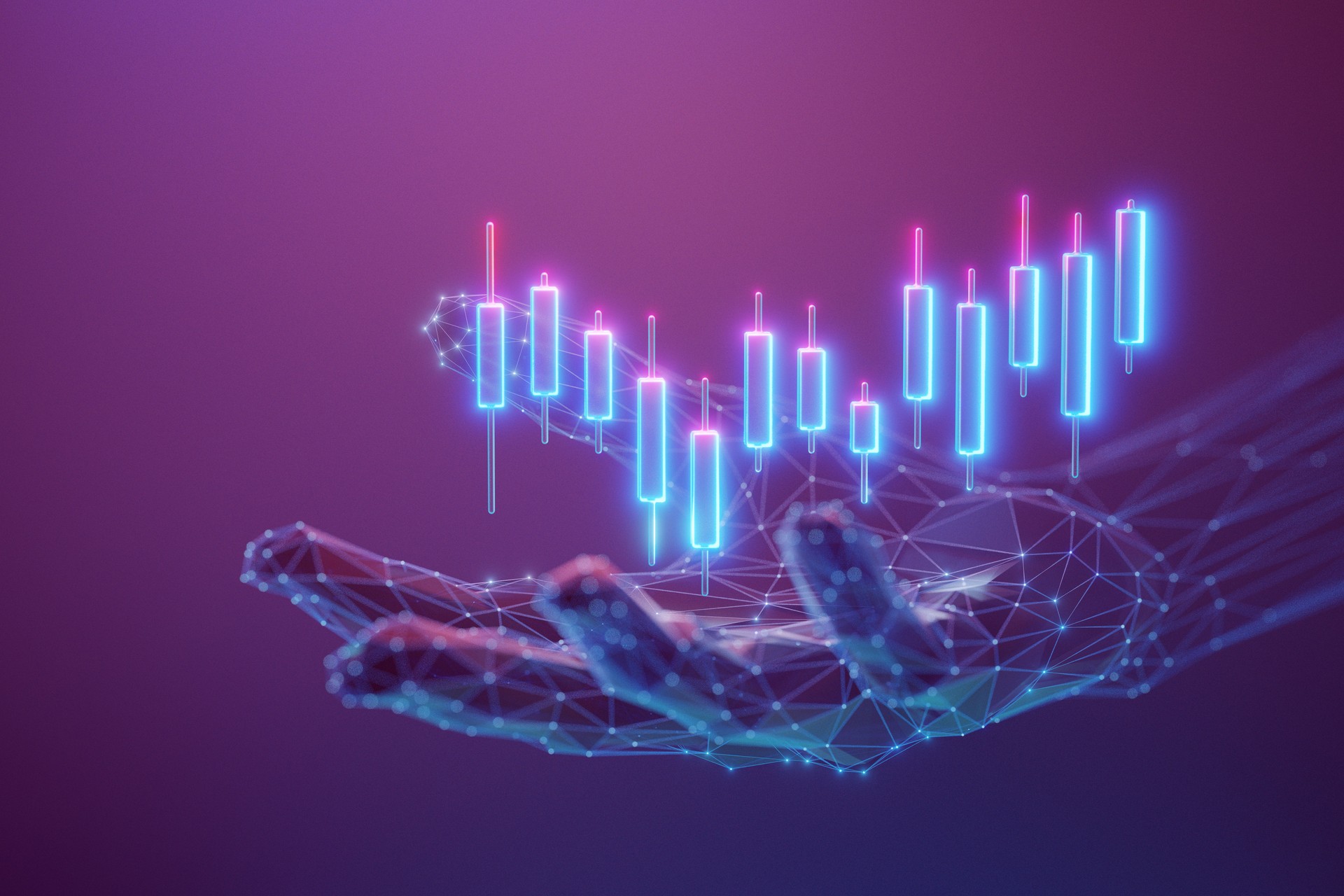 Stock market data and investment concept. Financial growth graph, stock market candlestick bars on an abstract human hand made.